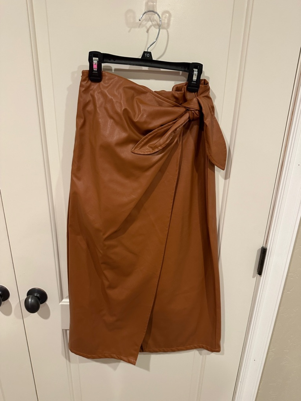 Women's Faux Leather Wrap Midi Skirt - Brown